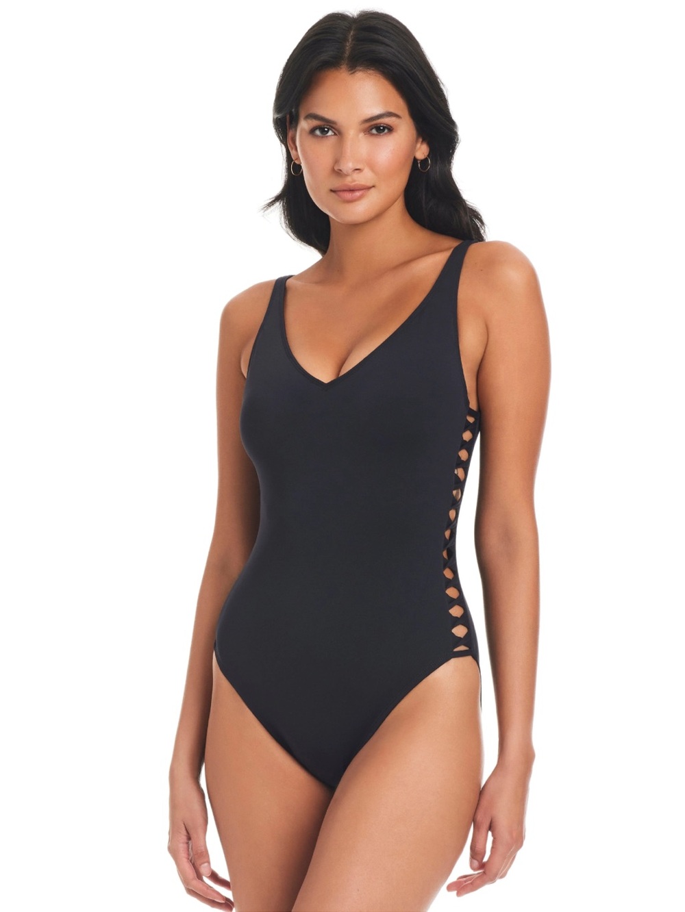 Bleu Rod Beattie Black V-Neck One-Piece with Side Lattice Detail